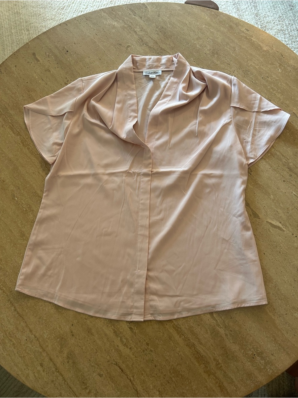 Calvin Klein Soft Blush Short Sleeve Draped Collar Blouse